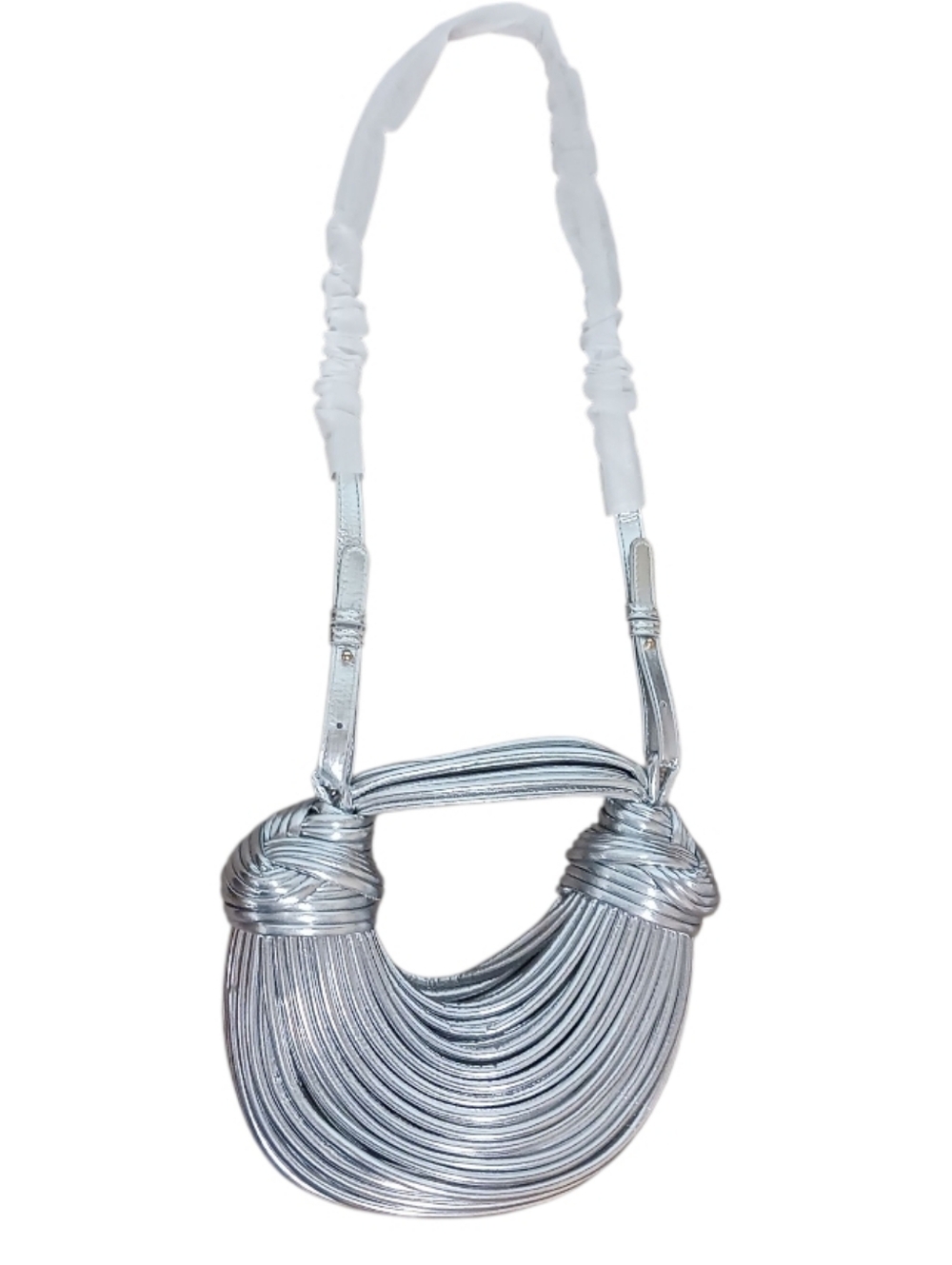 Curved Knotted Noodle Convertible Bag Futuristic Glam Silver Foil - Picture 4 of 9